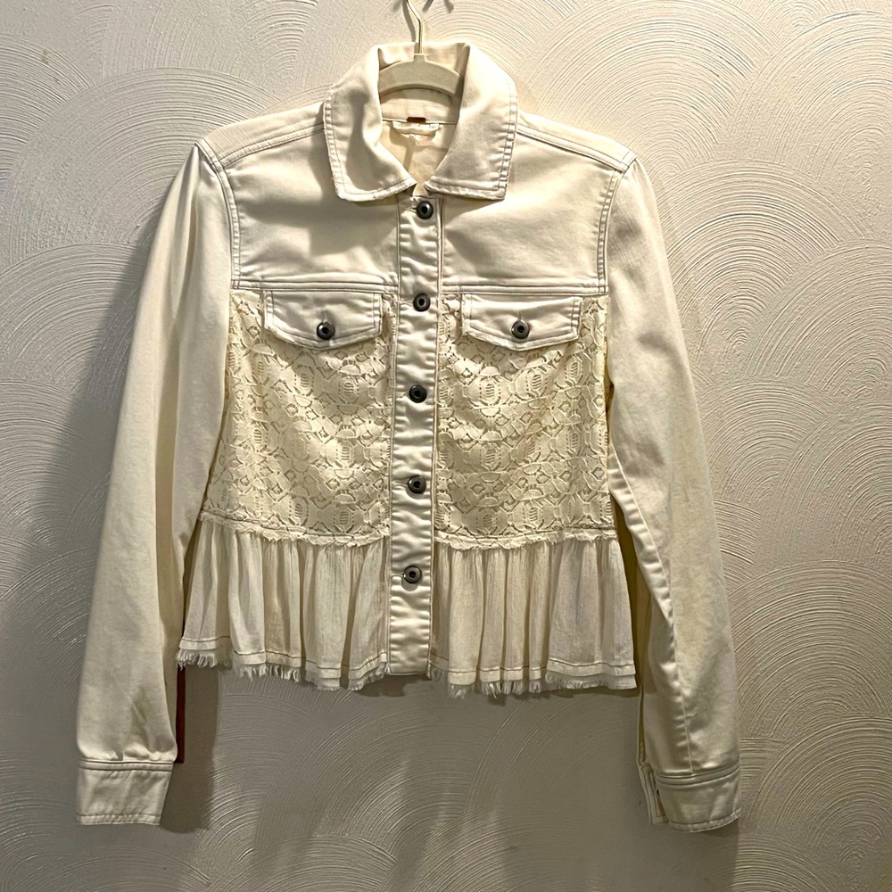 Free People Cream Lace Peplum Jean Jacket
